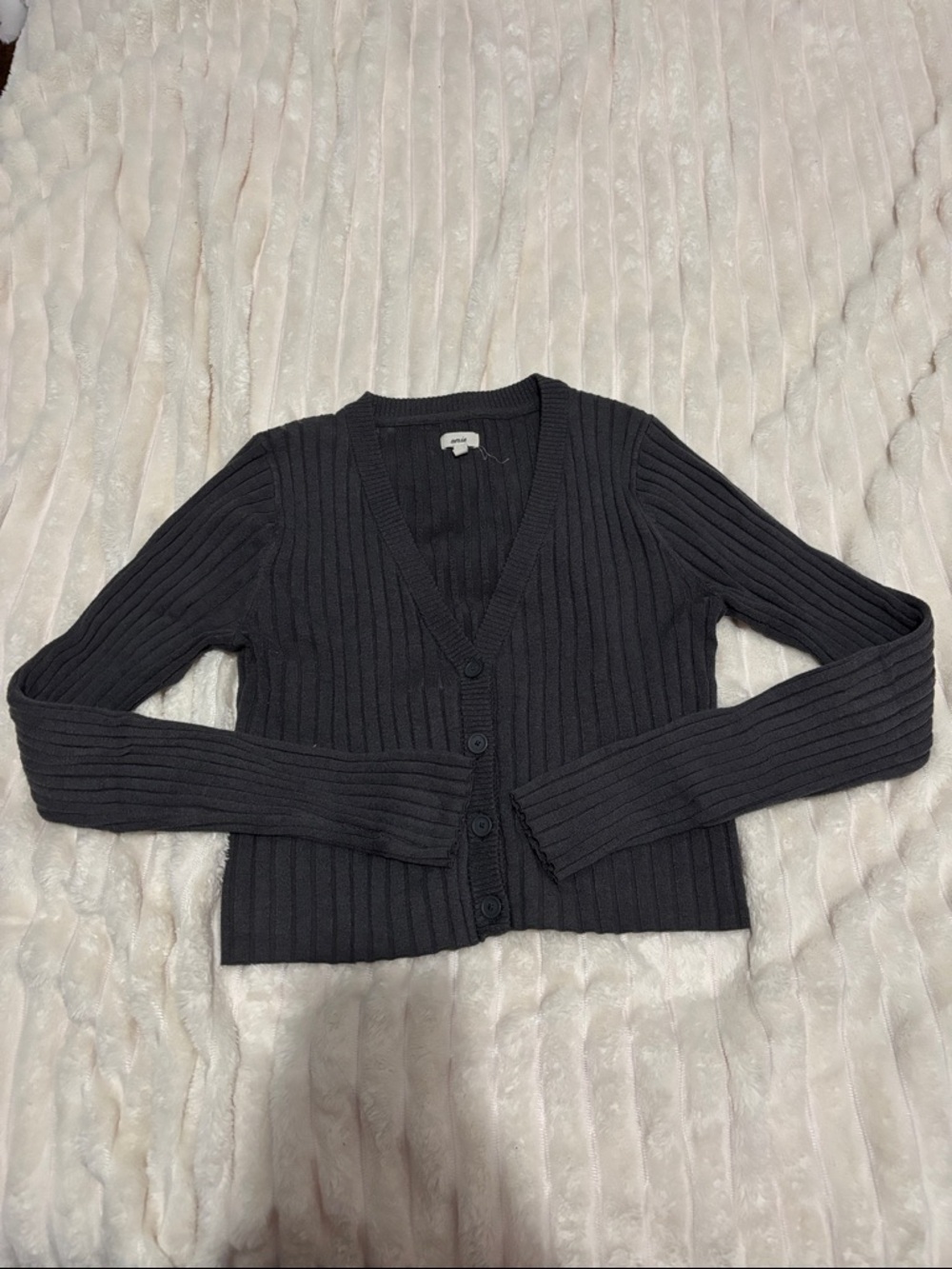 aerie Black Ribbed V-Neck Button-Front Cardigan